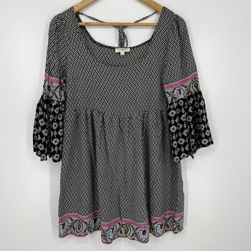 Umgee USA Womens Black White Paisley Bell Sleeve Babydoll Tunic Top Small